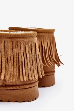 Clearance Ocieplane Botki Śniegowce Dziecięce Z Ozdobnymi Frędzlami Camel Nimia Dzieci Dziewczęce