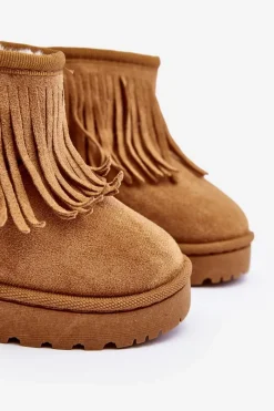 Clearance Ocieplane Botki Śniegowce Dziecięce Z Ozdobnymi Frędzlami Camel Nimia Dzieci Dziewczęce
