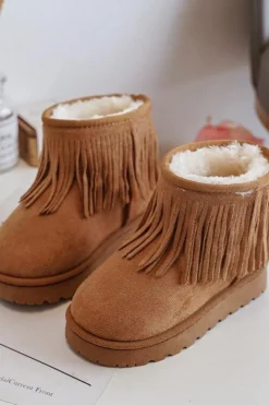 Clearance Ocieplane Botki Śniegowce Dziecięce Z Ozdobnymi Frędzlami Camel Nimia Dzieci Dziewczęce