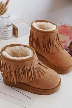 Clearance Ocieplane Botki Śniegowce Dziecięce Z Ozdobnymi Frędzlami Camel Nimia Dzieci Dziewczęce