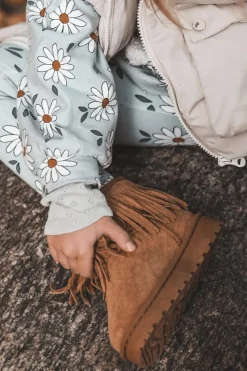 Clearance Ocieplane Botki Śniegowce Dziecięce Z Ozdobnymi Frędzlami Camel Nimia Dzieci Dziewczęce