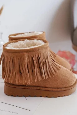 Clearance Ocieplane Botki Śniegowce Dziecięce Z Ozdobnymi Frędzlami Camel Nimia Dzieci Dziewczęce