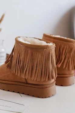 Clearance Ocieplane Botki Śniegowce Dziecięce Z Ozdobnymi Frędzlami Camel Nimia Dzieci Dziewczęce