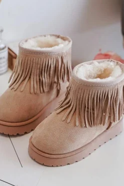Clearance Boto Ocieplane Botki Śniegowce Dziecięce Z Ozdobnymi Frędzlami Beżowe Nimia Beżowy