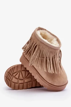 Clearance Boto Ocieplane Botki Śniegowce Dziecięce Z Ozdobnymi Frędzlami Beżowe Nimia Beżowy