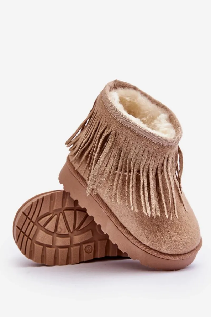 Clearance Boto Ocieplane Botki Śniegowce Dziecięce Z Ozdobnymi Frędzlami Beżowe Nimia Beżowy