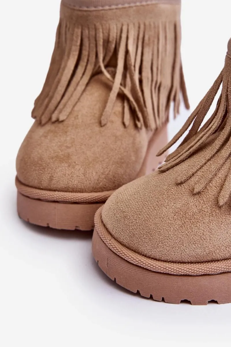 Clearance Boto Ocieplane Botki Śniegowce Dziecięce Z Ozdobnymi Frędzlami Beżowe Nimia Beżowy