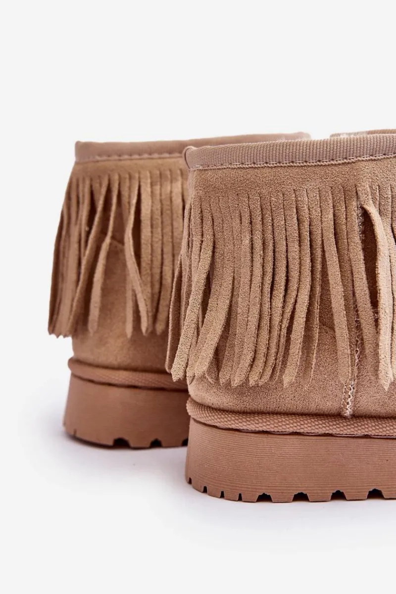 Clearance Boto Ocieplane Botki Śniegowce Dziecięce Z Ozdobnymi Frędzlami Beżowe Nimia Beżowy