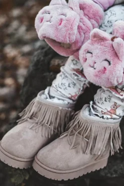 Clearance Boto Ocieplane Botki Śniegowce Dziecięce Z Ozdobnymi Frędzlami Beżowe Nimia Beżowy
