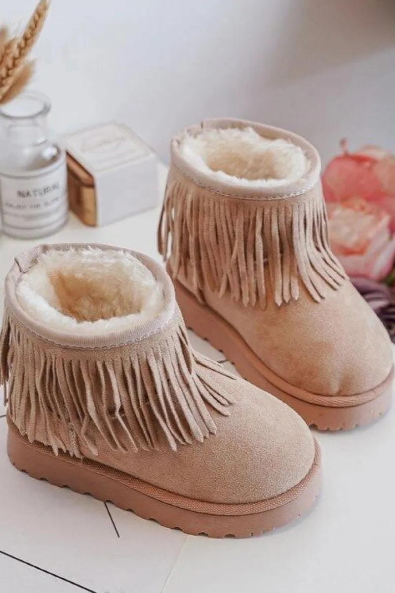 Clearance Boto Ocieplane Botki Śniegowce Dziecięce Z Ozdobnymi Frędzlami Beżowe Nimia Beżowy