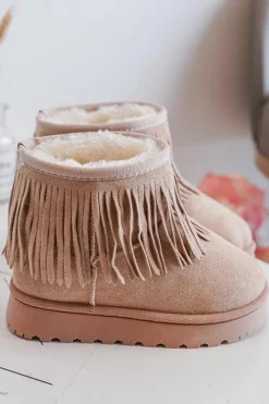 Clearance Boto Ocieplane Botki Śniegowce Dziecięce Z Ozdobnymi Frędzlami Beżowe Nimia Beżowy