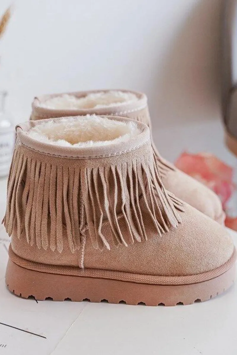 Clearance Boto Ocieplane Botki Śniegowce Dziecięce Z Ozdobnymi Frędzlami Beżowe Nimia Beżowy