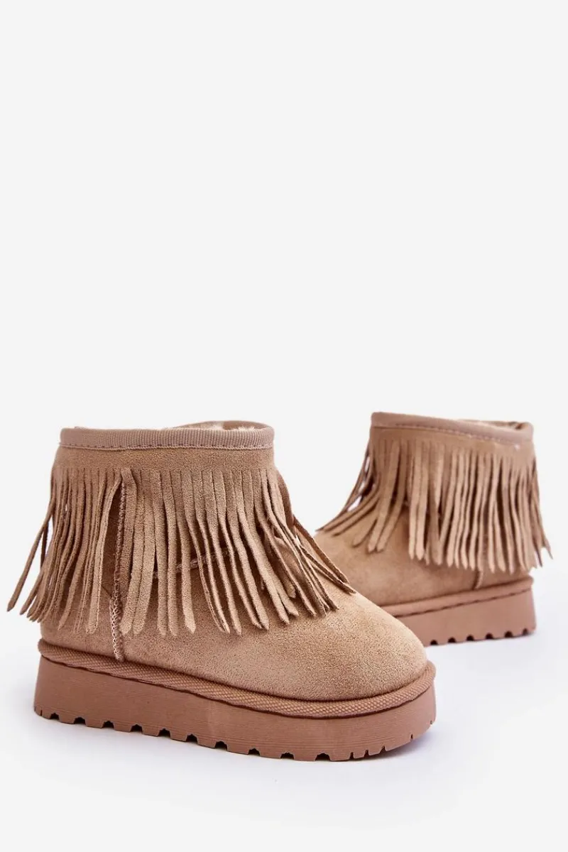 Clearance Boto Ocieplane Botki Śniegowce Dziecięce Z Ozdobnymi Frędzlami Beżowe Nimia Beżowy