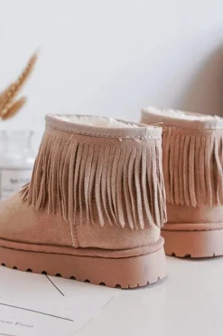 Clearance Boto Ocieplane Botki Śniegowce Dziecięce Z Ozdobnymi Frędzlami Beżowe Nimia Beżowy