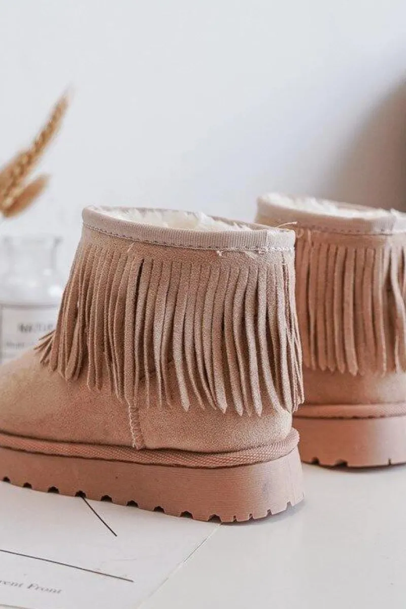 Clearance Boto Ocieplane Botki Śniegowce Dziecięce Z Ozdobnymi Frędzlami Beżowe Nimia Beżowy