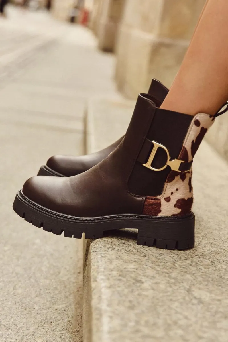 Clearance Ocieplane Botki Sztyblety Damskie Ze Złotym Detalem W Łaty Brązowe Priscilla Damskie Botki Ocieplane|Botki Płaskie