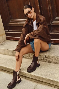 Clearance Ocieplane Botki Sztyblety Damskie Ze Złotym Detalem W Łaty Brązowe Priscilla Damskie Botki Ocieplane|Botki Płaskie