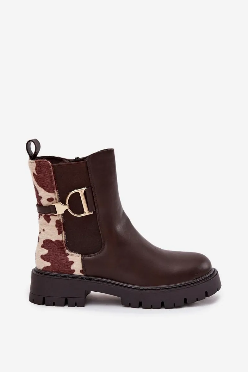 Clearance Ocieplane Botki Sztyblety Damskie Ze Złotym Detalem W Łaty Brązowe Priscilla Damskie Botki Ocieplane|Botki Płaskie