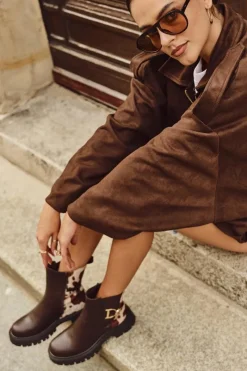 Clearance Ocieplane Botki Sztyblety Damskie Ze Złotym Detalem W Łaty Brązowe Priscilla Damskie Botki Ocieplane|Botki Płaskie