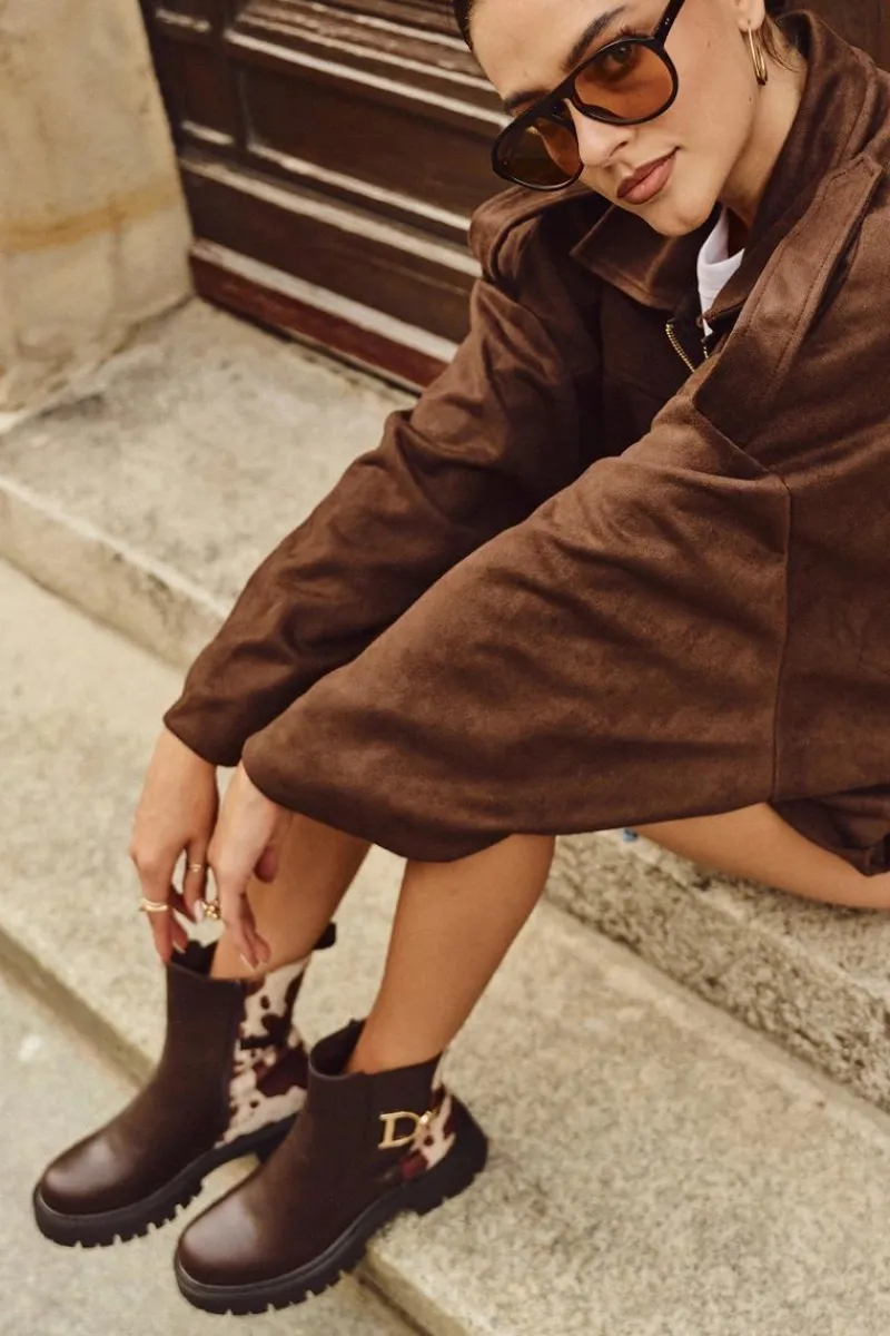 Clearance Ocieplane Botki Sztyblety Damskie Ze Złotym Detalem W Łaty Brązowe Priscilla Damskie Botki Ocieplane|Botki Płaskie