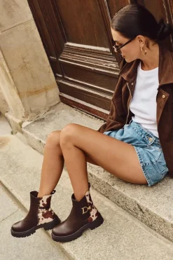 Clearance Ocieplane Botki Sztyblety Damskie Ze Złotym Detalem W Łaty Brązowe Priscilla Damskie Botki Ocieplane|Botki Płaskie