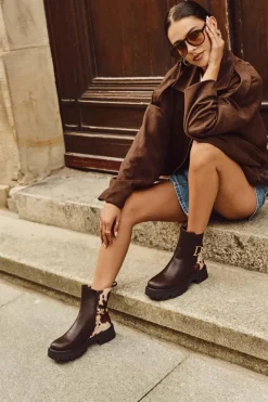 Clearance Ocieplane Botki Sztyblety Damskie Ze Złotym Detalem W Łaty Brązowe Priscilla Damskie Botki Ocieplane|Botki Płaskie