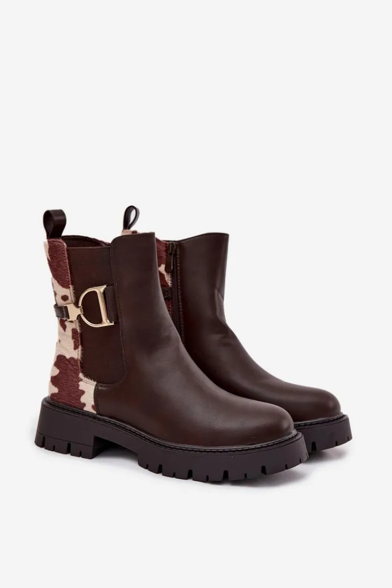 Clearance Ocieplane Botki Sztyblety Damskie Ze Złotym Detalem W Łaty Brązowe Priscilla Damskie Botki Ocieplane|Botki Płaskie