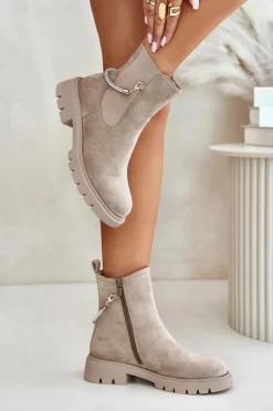 Hot Boto Ocieplane Botki Sztyblety Na Zamek Z Ozdobnym Paskiem Beżowe Labenne