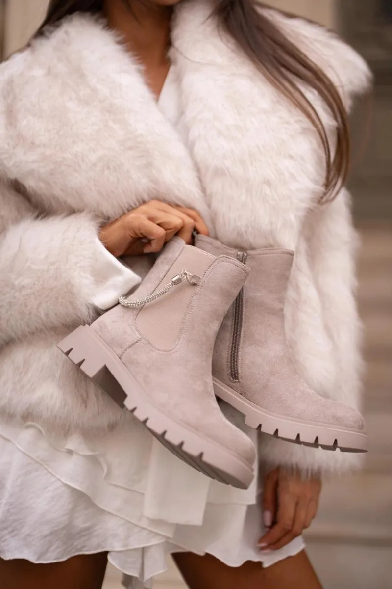 Hot Boto Ocieplane Botki Sztyblety Na Zamek Z Ozdobnym Paskiem Beżowe Labenne