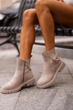 Hot Boto Ocieplane Botki Sztyblety Na Zamek Z Ozdobnym Paskiem Beżowe Labenne