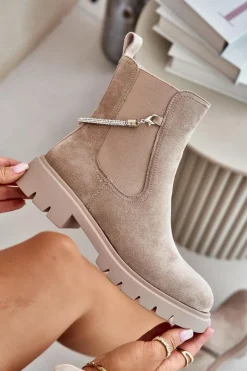 Hot Boto Ocieplane Botki Sztyblety Na Zamek Z Ozdobnym Paskiem Beżowe Labenne