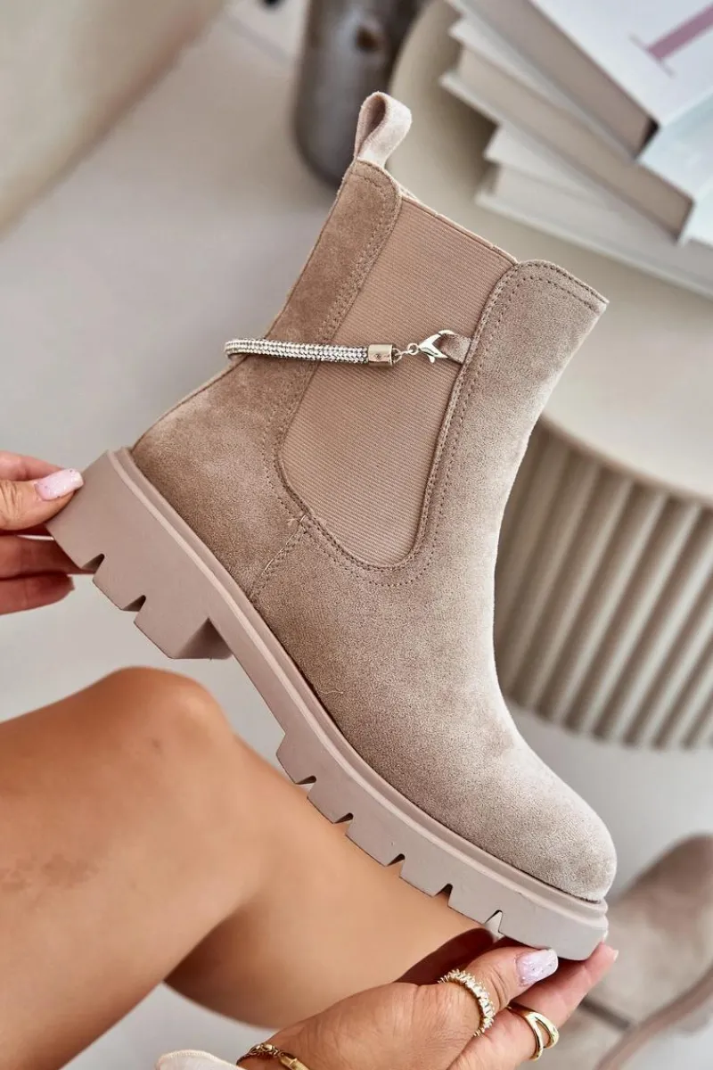 Hot Boto Ocieplane Botki Sztyblety Na Zamek Z Ozdobnym Paskiem Beżowe Labenne