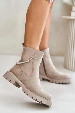 Hot Boto Ocieplane Botki Sztyblety Na Zamek Z Ozdobnym Paskiem Beżowe Labenne