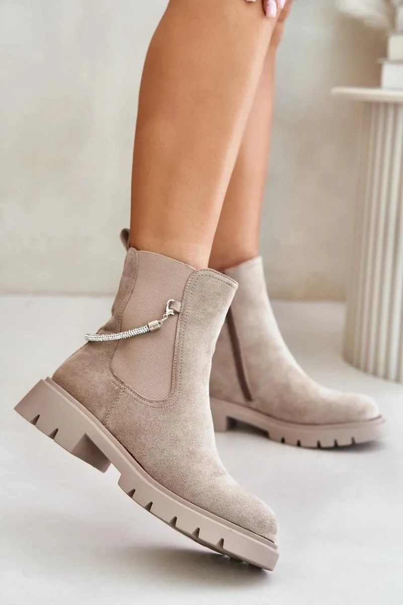 Hot Boto Ocieplane Botki Sztyblety Na Zamek Z Ozdobnym Paskiem Beżowe Labenne