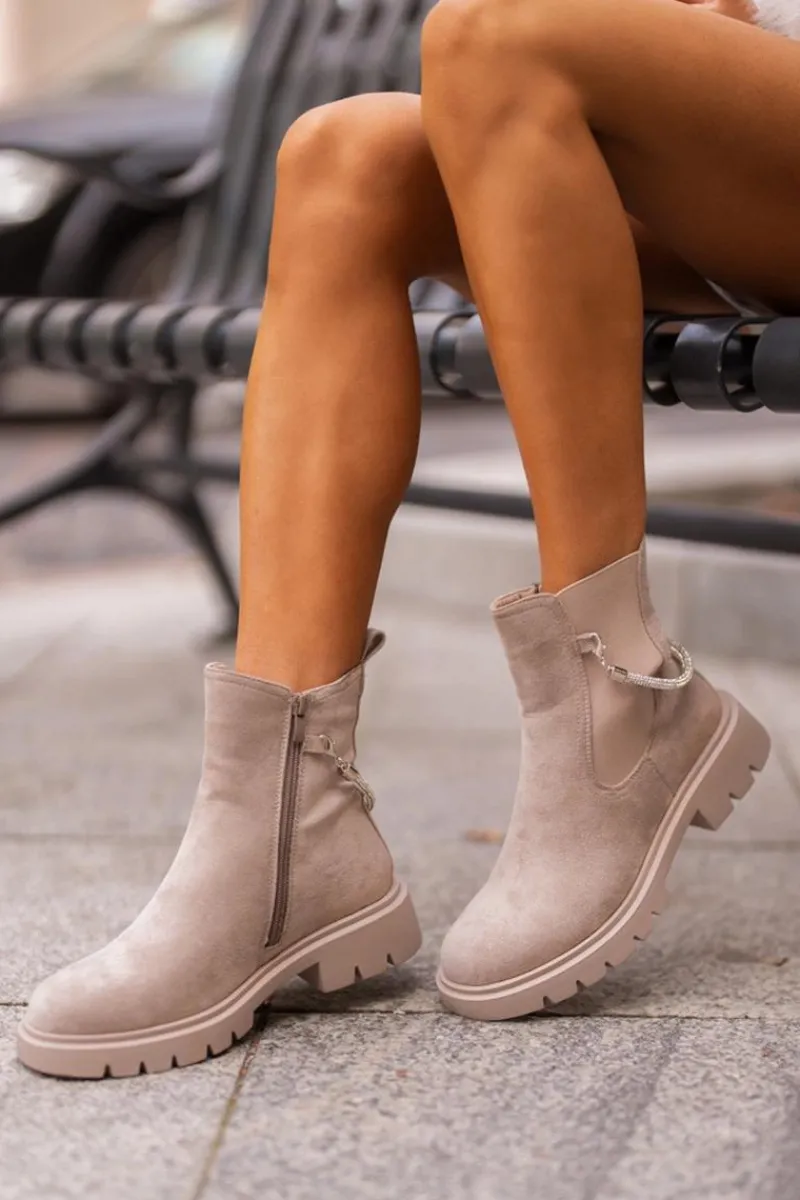 Hot Boto Ocieplane Botki Sztyblety Na Zamek Z Ozdobnym Paskiem Beżowe Labenne