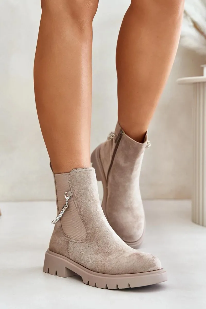 Hot Boto Ocieplane Botki Sztyblety Na Zamek Z Ozdobnym Paskiem Beżowe Labenne