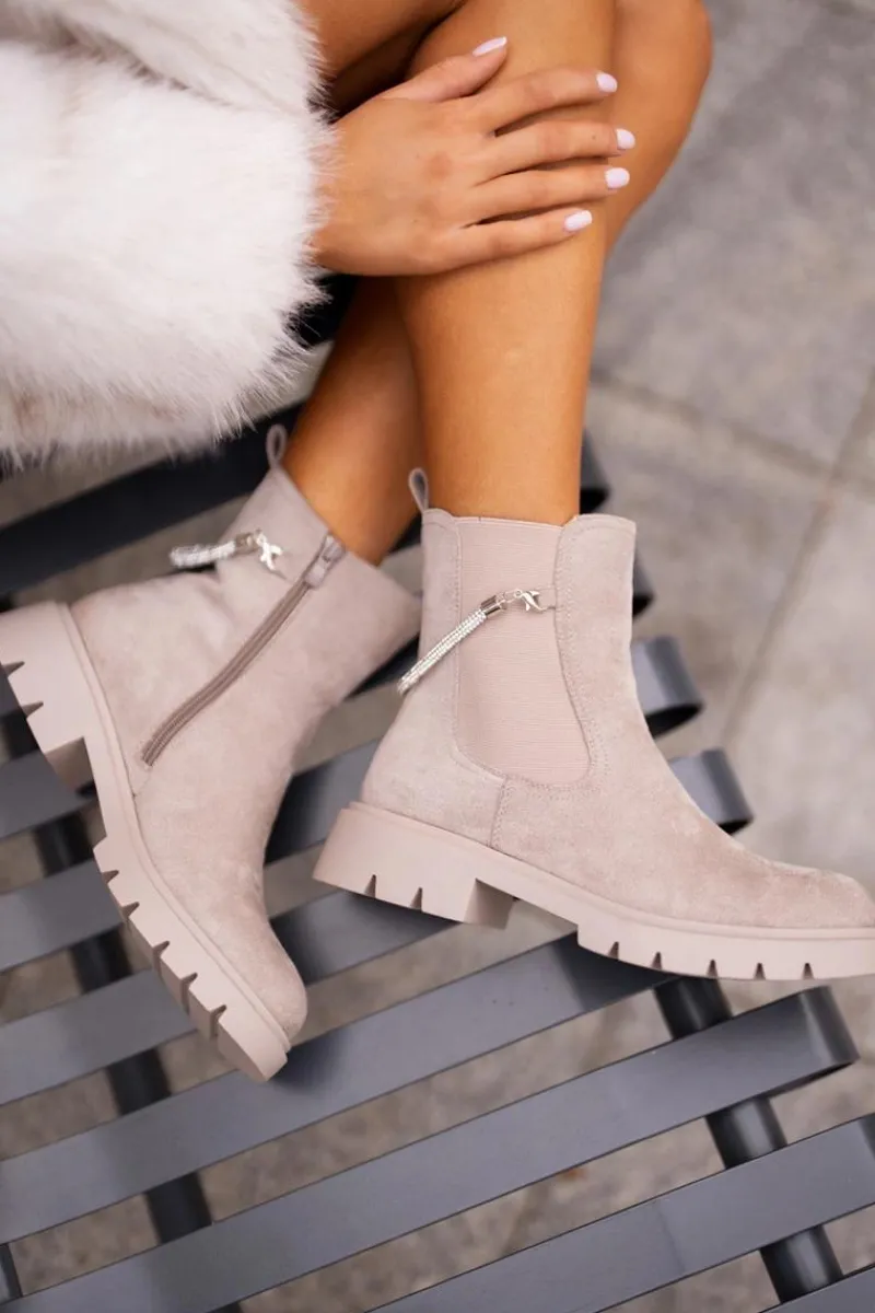 Hot Boto Ocieplane Botki Sztyblety Na Zamek Z Ozdobnym Paskiem Beżowe Labenne