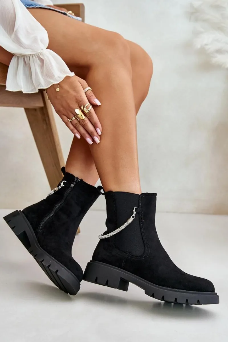 Best Boto Ocieplane Botki Sztyblety Na Zamek Z Ozdobnym Paskiem Czarne Labenne