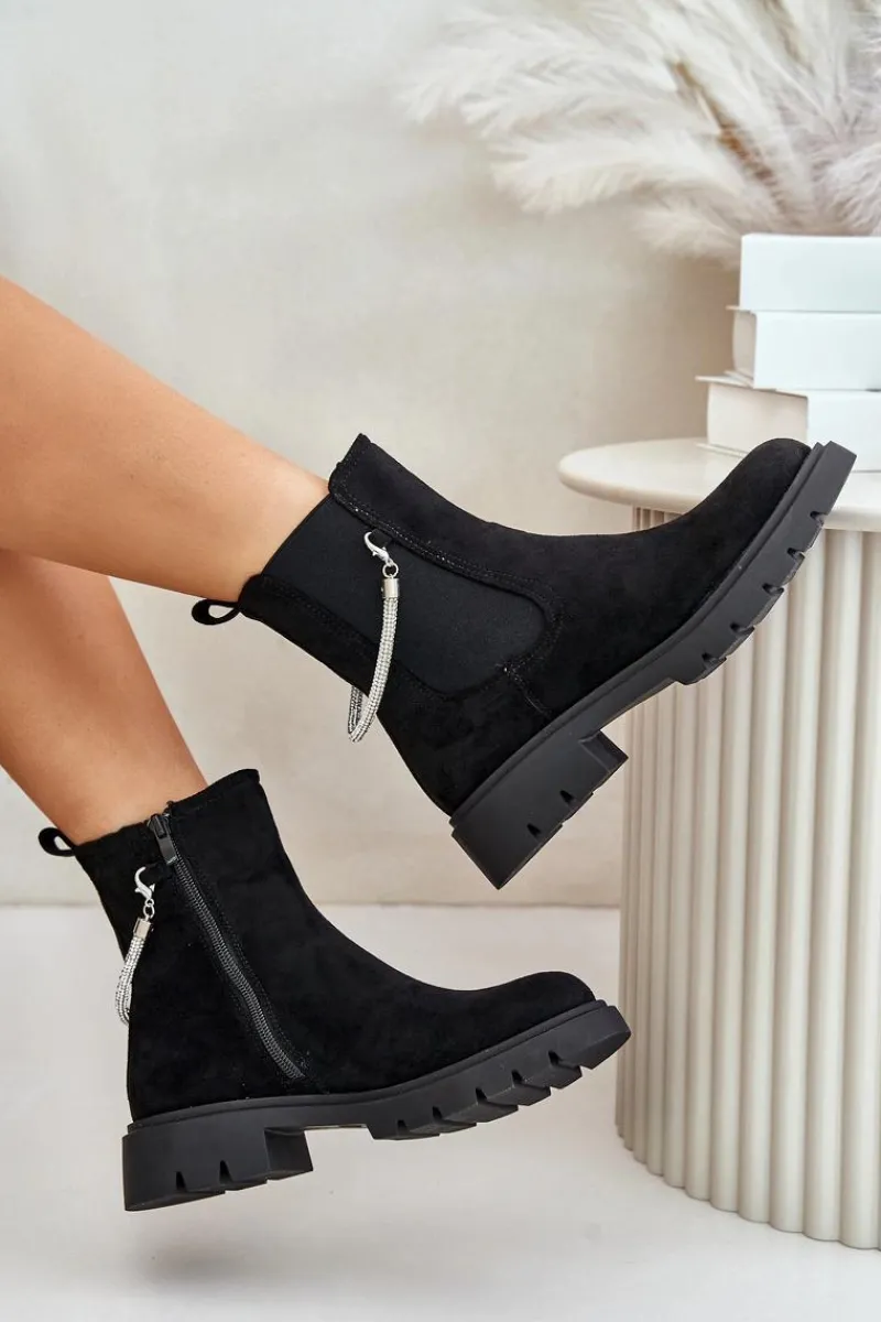 Best Boto Ocieplane Botki Sztyblety Na Zamek Z Ozdobnym Paskiem Czarne Labenne