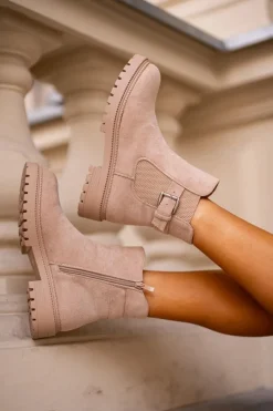 Ocieplane Botki Sztyblety Na Zamek Z Klamrą Beżowe Kikiella Damskie Brązowe I Beżowe Botki|Botki Płaskie