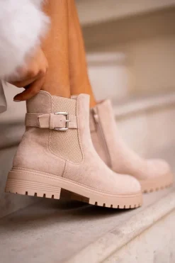Ocieplane Botki Sztyblety Na Zamek Z Klamrą Beżowe Kikiella Damskie Brązowe I Beżowe Botki|Botki Płaskie