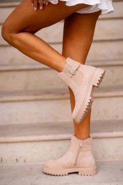 Ocieplane Botki Sztyblety Na Zamek Z Klamrą Beżowe Kikiella Damskie Brązowe I Beżowe Botki|Botki Płaskie