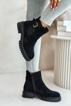 Brązowe I Beżowe Botki|Botki Płaskie>Boto Ocieplane Botki Sztyblety Na Zamek Z Klamrą Czarne Kikiella