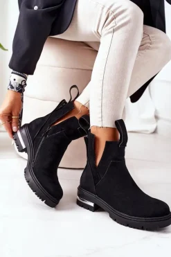Czarne Botki|Botki Zimowe Damskie>Boto Ocieplane Botki Sztyblety Z Suwakiem Czarne My Way