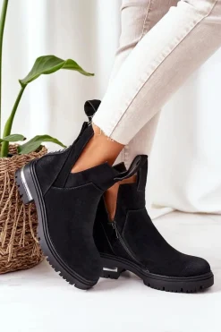 Czarne Botki|Botki Zimowe Damskie>Boto Ocieplane Botki Sztyblety Z Suwakiem Czarne My Way