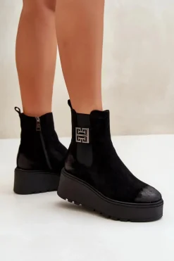 Outlet Ocieplane Botki Sztyblety Damskie Na Koturnie I Platformie Z Eko Zamszu Czarne Vinceza 58339 Damskie Botki Na Koturnie|Czarne Botki