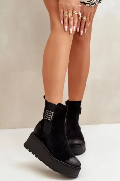 Outlet Ocieplane Botki Sztyblety Damskie Na Koturnie I Platformie Z Eko Zamszu Czarne Vinceza 58339 Damskie Botki Na Koturnie|Czarne Botki