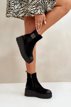 Outlet Ocieplane Botki Sztyblety Damskie Na Koturnie I Platformie Z Eko Zamszu Czarne Vinceza 58339 Damskie Botki Na Koturnie|Czarne Botki