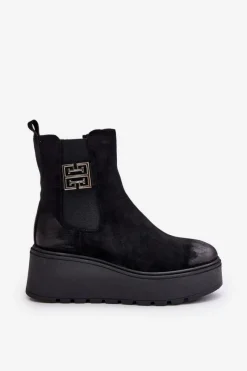 Outlet Ocieplane Botki Sztyblety Damskie Na Koturnie I Platformie Z Eko Zamszu Czarne Vinceza 58339 Damskie Botki Na Koturnie|Czarne Botki