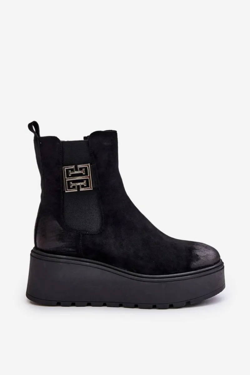 Outlet Ocieplane Botki Sztyblety Damskie Na Koturnie I Platformie Z Eko Zamszu Czarne Vinceza 58339 Damskie Botki Na Koturnie|Czarne Botki